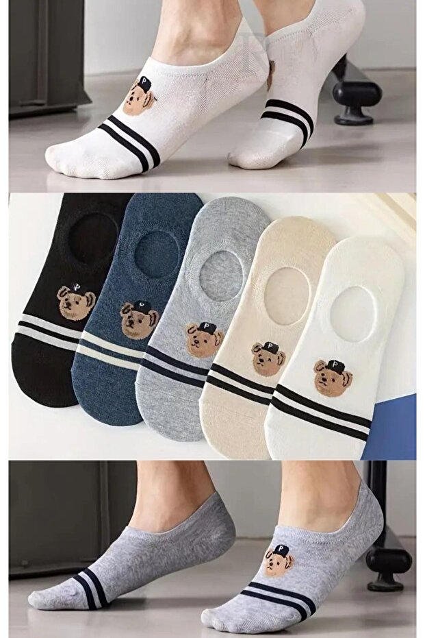 Women's 5 Pairs of Invisible Ballerina Socks with Teddy Bear Pattern and Striped Colorful Socks
