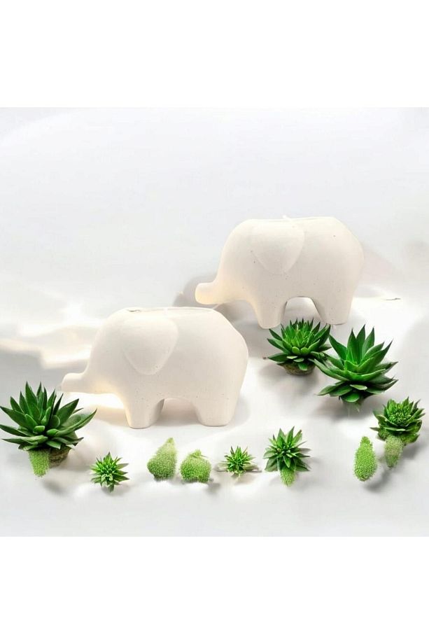 Dekoratif İkili Beton Fil Saksı  Biblo  Soya Mum Set - 1