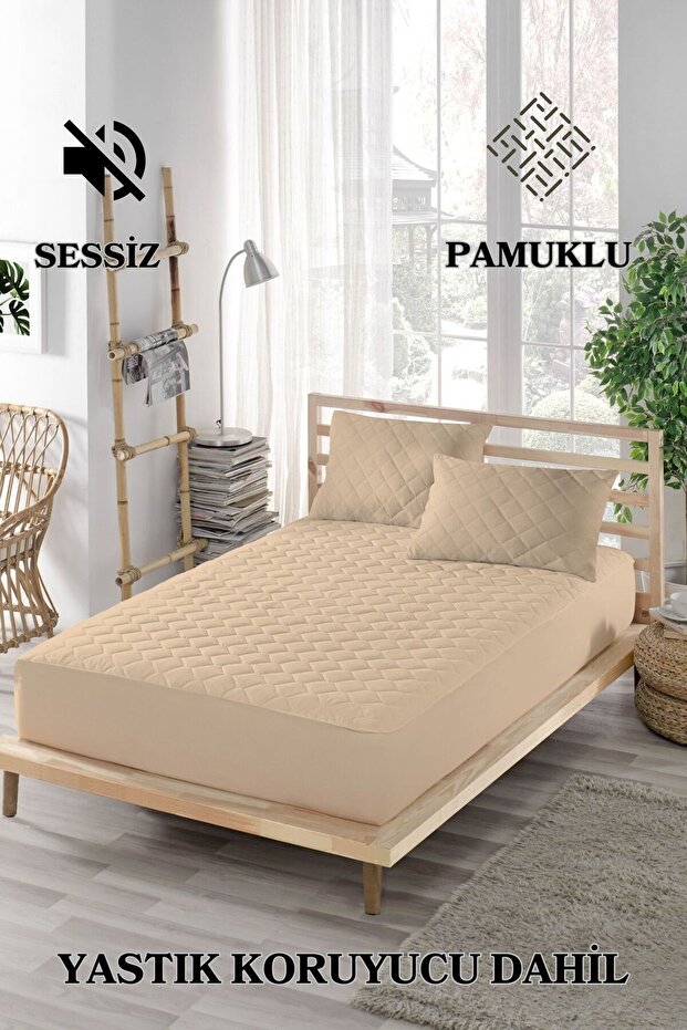 Colorful Mattress Protector Mattress Set (TOTAL 3 PIECES) 100% Cotton Quilted Single Double King Beige