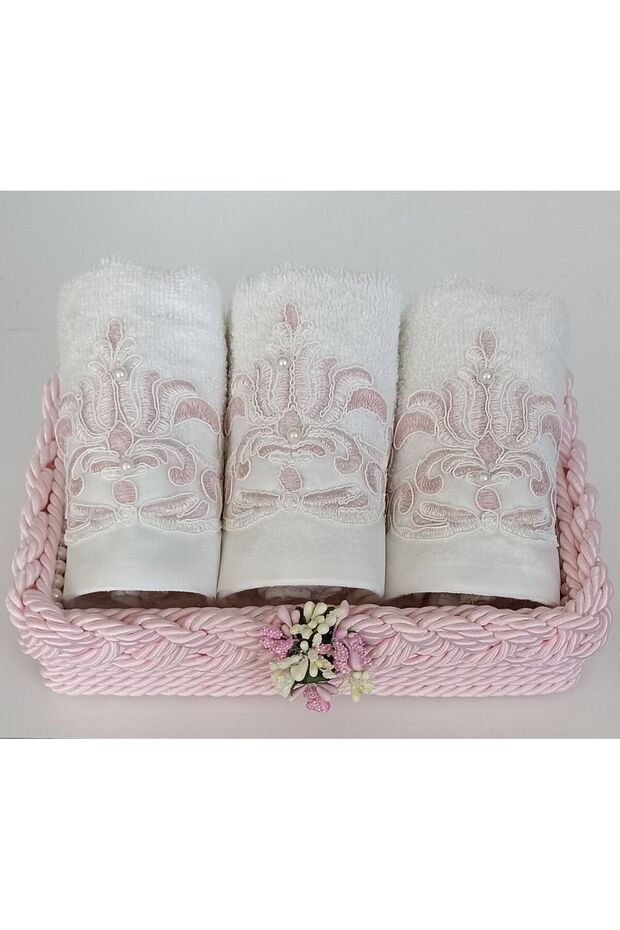 Basket with Weave Towel Small Cotton Guipure 30*50 cm 3 Pcs Towel and Basket Gift Dowry