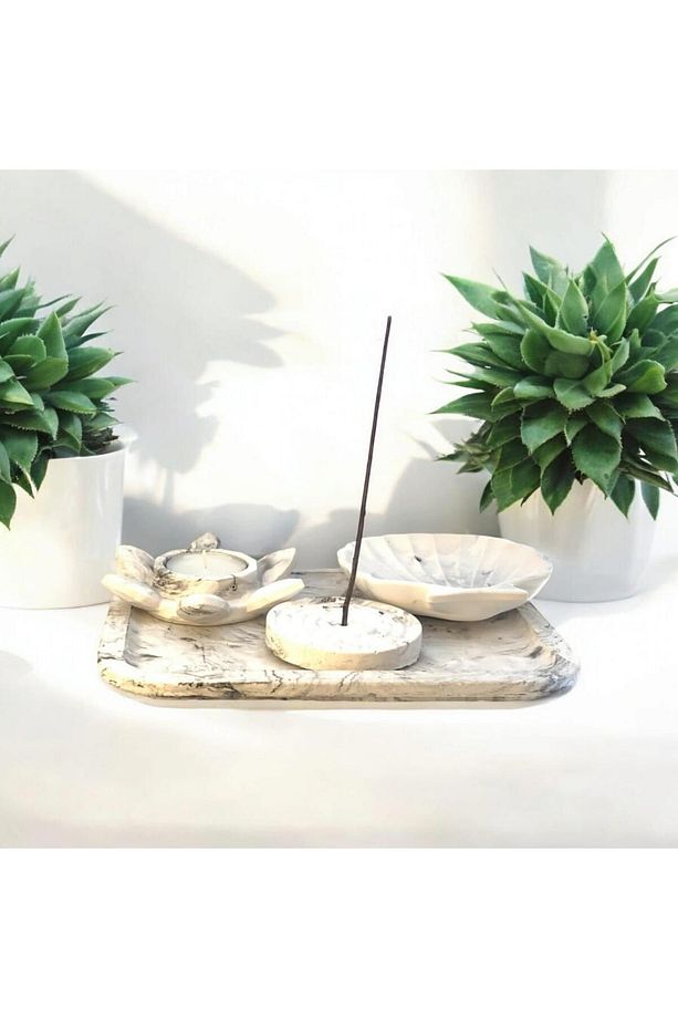 Mermer Desen Büyük Organizer Tabak Nilüfer Tealight İstiridye Organizer Tabak Tütsülük Set - 1