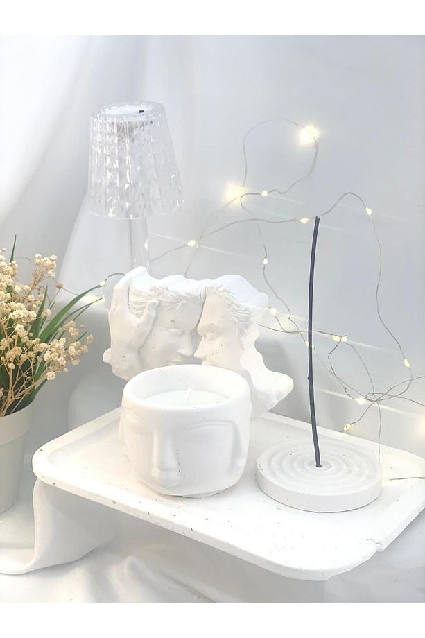 Dekoratif Büyük Organizer Tabak Aşık Çift Obje Saksı Soya Mum  Tütsülük Set - 2