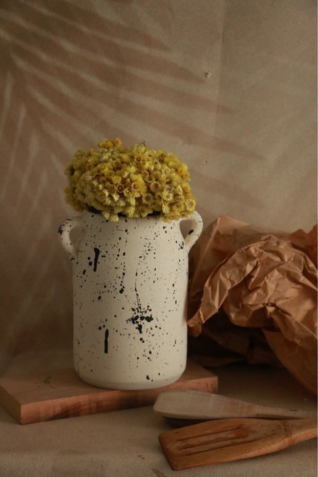Black Patterned Vase with Handle - Decorative Handmade and Spoon Holder
