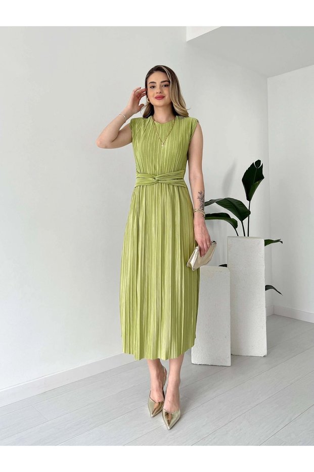 Women's Oil Green Stylish Waist Detailed Padded Lined Summer Dress