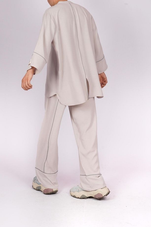 Unisex Tek Yırtmaç Krem Oversize Rahat Kalıp Alt Üst Takım - 4