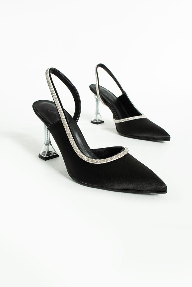 Fomax Black Satin Stone Detailed Transparent Heeled Shoes