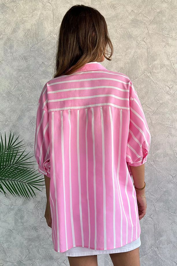 Pembe Tek Cepli Kadın Çizgi Desenli Oversize Gömlek - 4