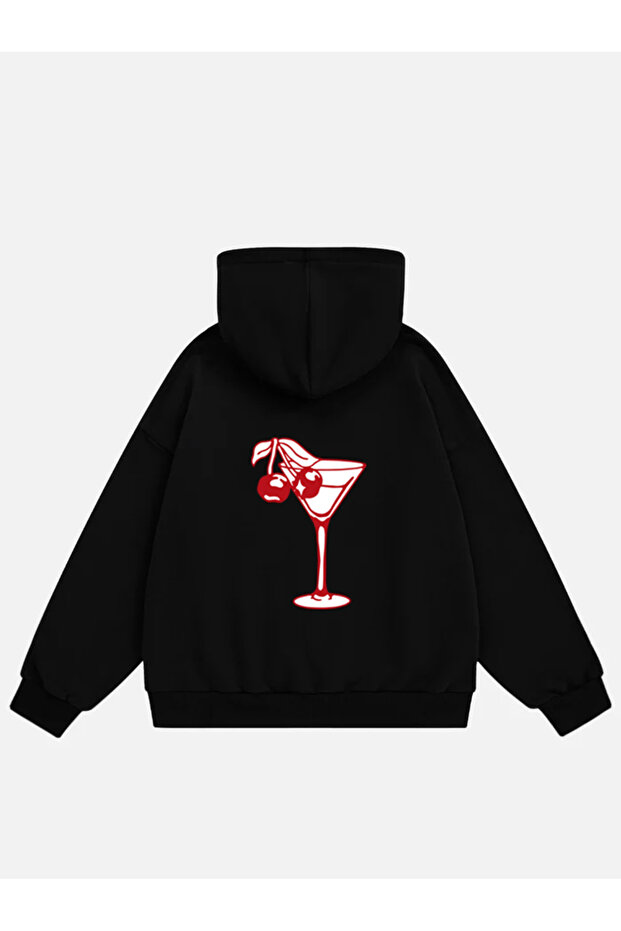 Women's Cherry Cocktail Printed Hooded Fleece Oversize Sweatshirt