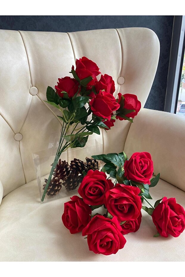 Artificial Velvet Rose 7 Branch Red Luxury 1st Quality – Artificial Flower Decor, Table Ornament, Background