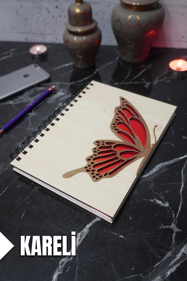 Butterfly Themed Wooden Cover Notebook - Checkered Notebook - Agenda - School Notebook (A5 - 120 Pages)
