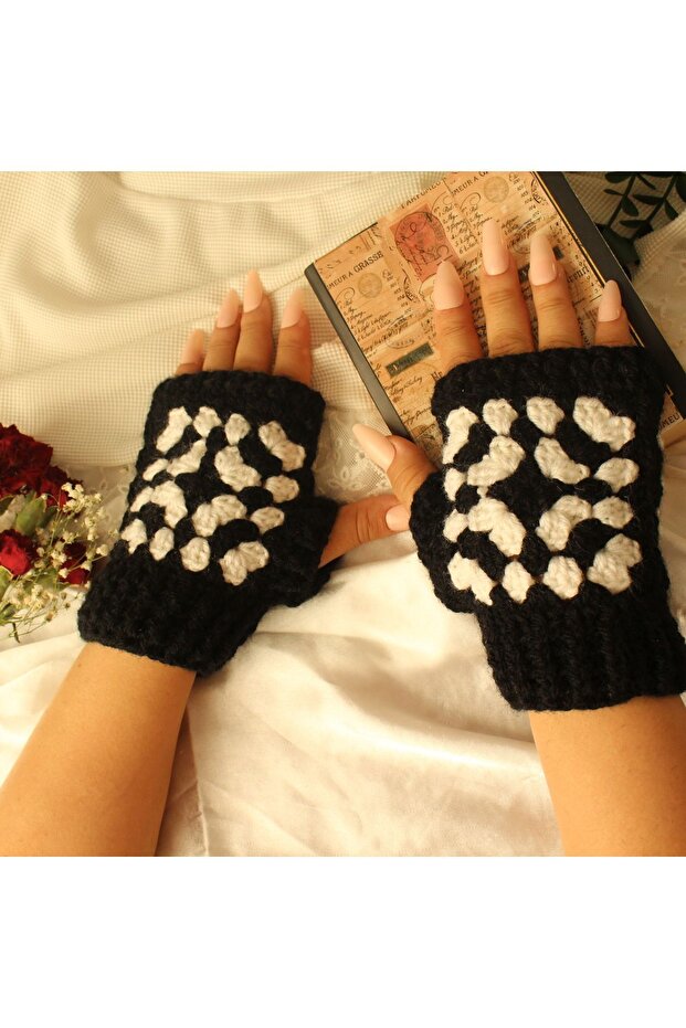 El Yapımı Parmaksız Model Kışlık Eldiven Siyah Beyaz 3d - 4