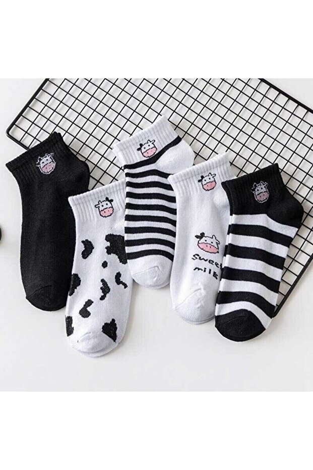 Women's Black and White Cow Patterned Half Socks College Socks Set 5 Pairs