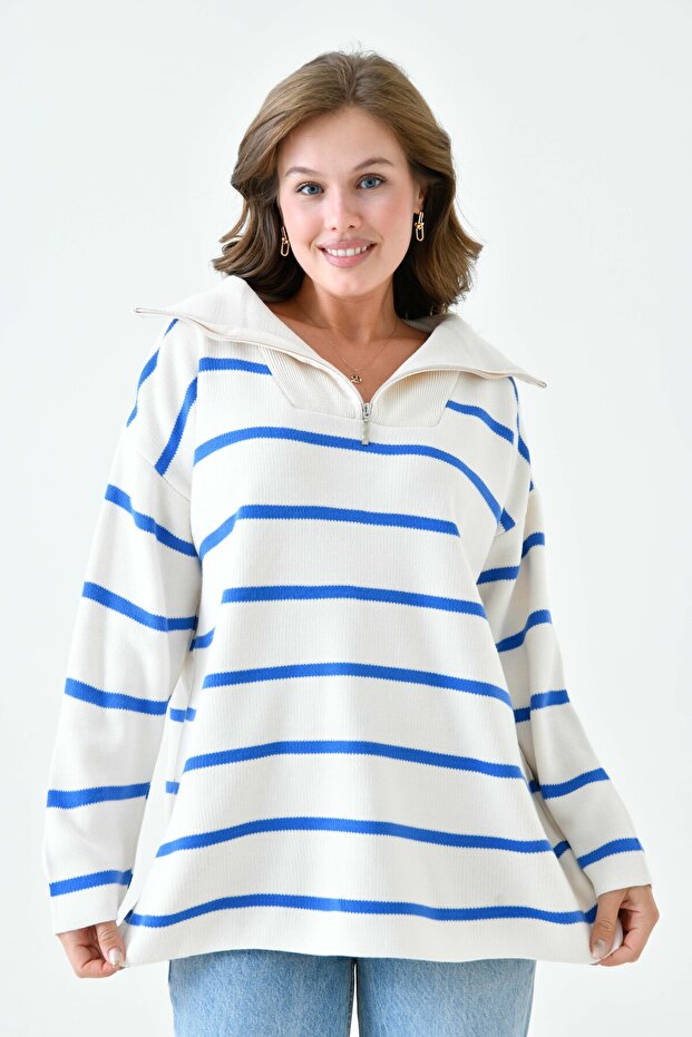 Long Sleeve Wide Zipper Collar Blue Striped Oversize Knitwear Sweater 2542