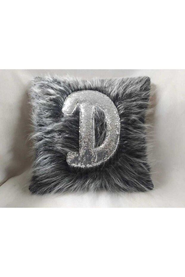Plush Cushion Cover with Letter - (grey Plush-silver Letter)