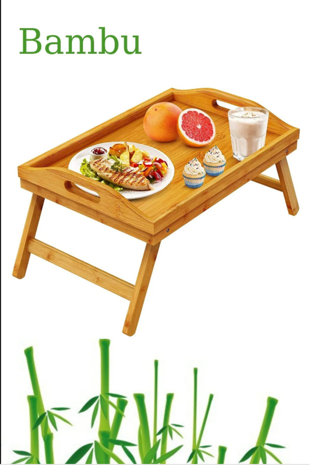Katlanır Ayaklı Bambu Yatak Keyif Tepsisi ,Portatif Tepsi Çok Fonksiyonlu 50x30 cm - 2