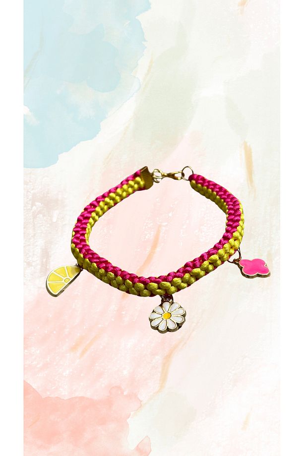 Pembe-Sarı Örgü Charm Uçlu Köpek-Kedi kolyesi - 2