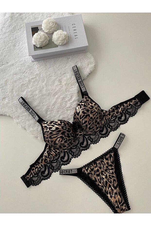 طقم حمالة صدر دانتيل مبطنة بنقشة الفهد - 1