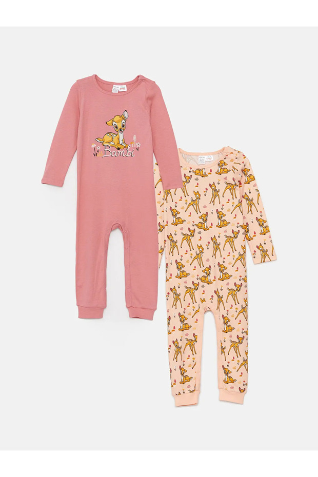 Lcw Baby Peach Printed Crew Neck B'Ambi Printed Baby Girl Jumpsuit 2-Piece