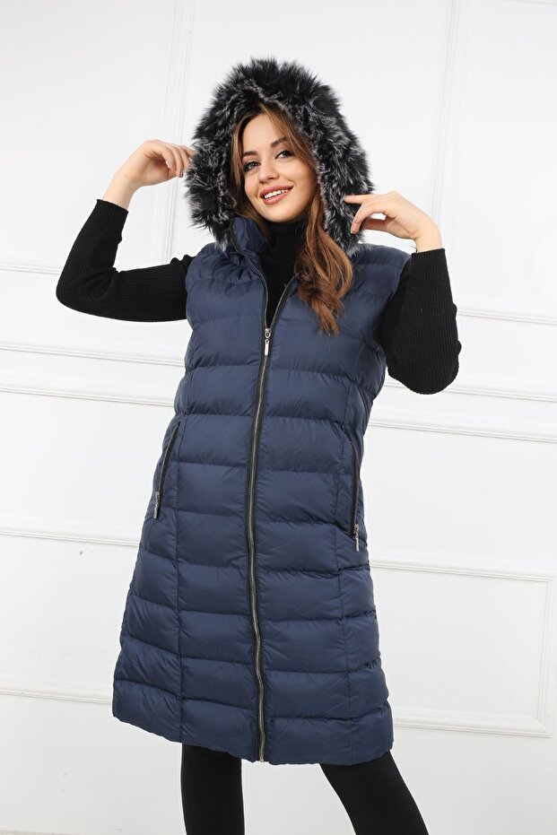 Women's Dark Navy Blue Puffer Long Vest Coat