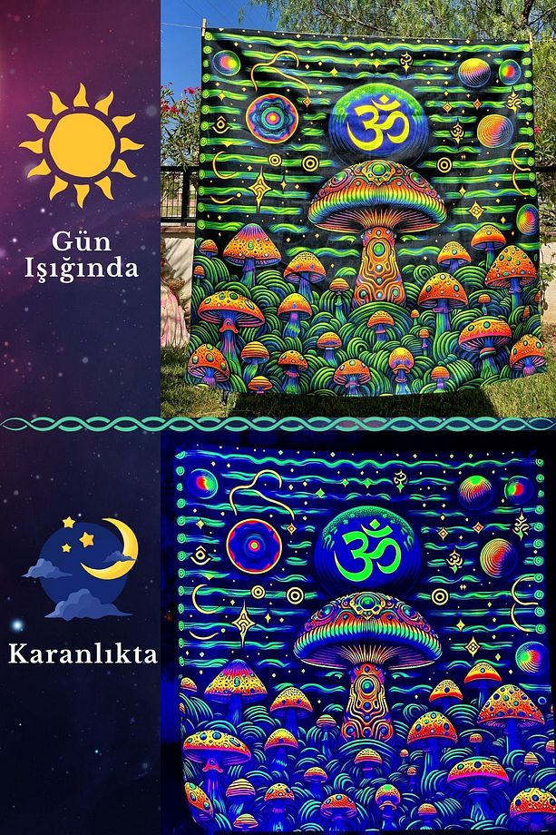 OM Mantra and the World of Mushrooms / Blacklight ile Parlayan Neon Duvar Örtüsü UV Aktif Tapestry - 1