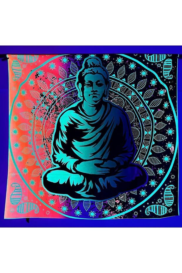 Buddha Illuminates the Darkness / Glowing Wall Drape Uv Activated Tapestry with Neon Blacklight