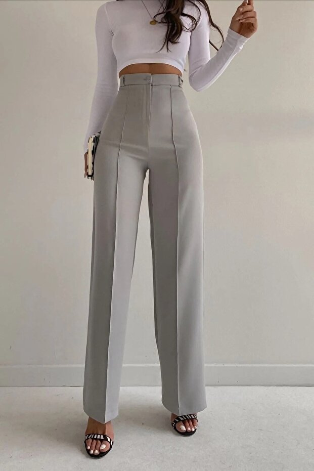 Női szürke magas derekú Palazzo nadrág elöl varrással - 5