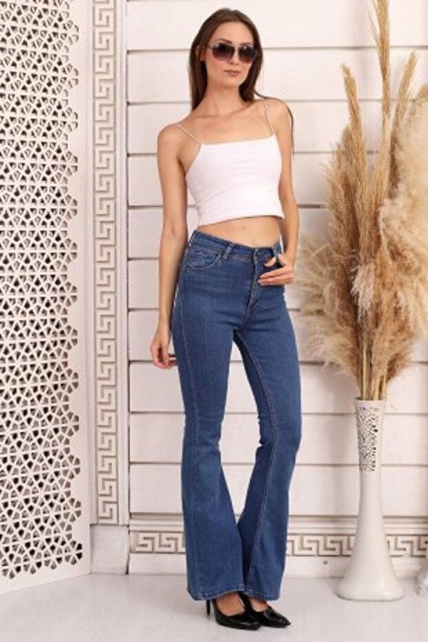 Nicole Wide Leg Lycra Blue Flare Jean Trousers