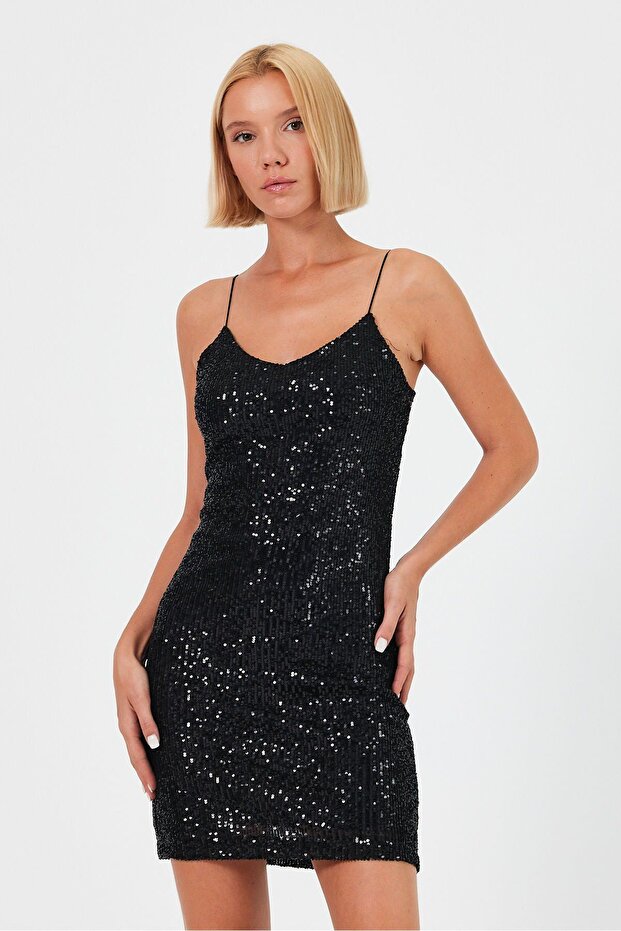 İp Askılı Pullu Kumaş Mini Boy Parlak Elbise - 5