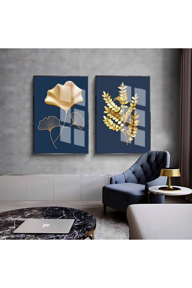 Hari̇kabi̇rev | Blue-Gold Leaf Combination 01 | Framed Glass Table 2 Pieces Vertical