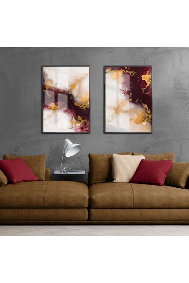 MARVELOUS ABSTRACT SHAPES BURGUNDY GOLD COMBI 01 FRAMED GLASS TABLE 2-PIECE VERTICAL