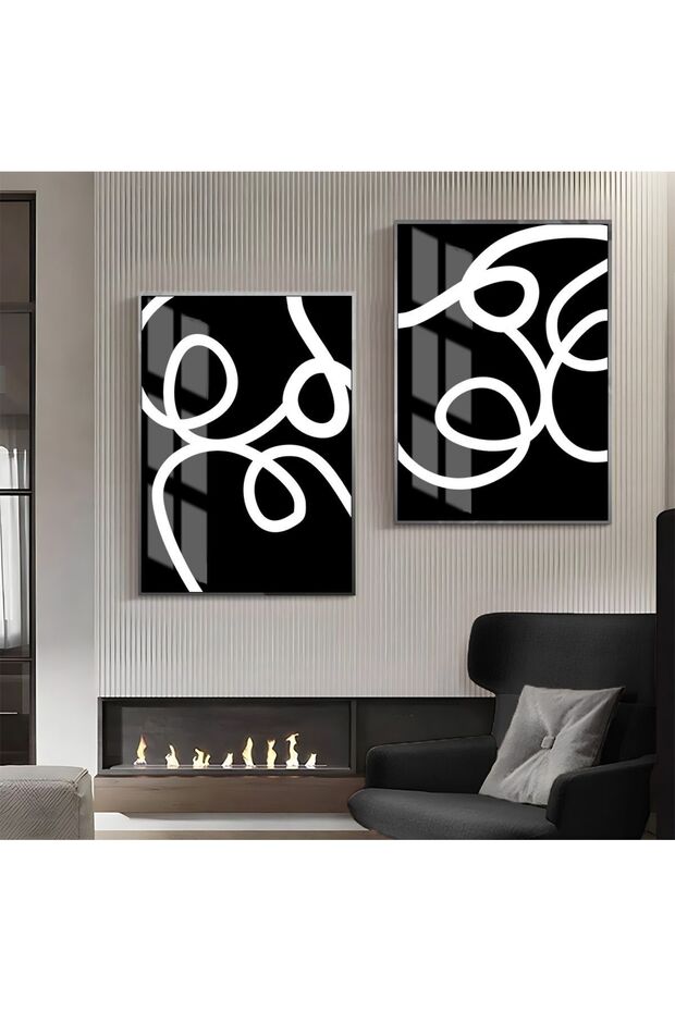 Hari̇kabi̇rev | Black-White Abstract Shapes Combination 06 | Framed Glass Table 2 Pieces Vertical