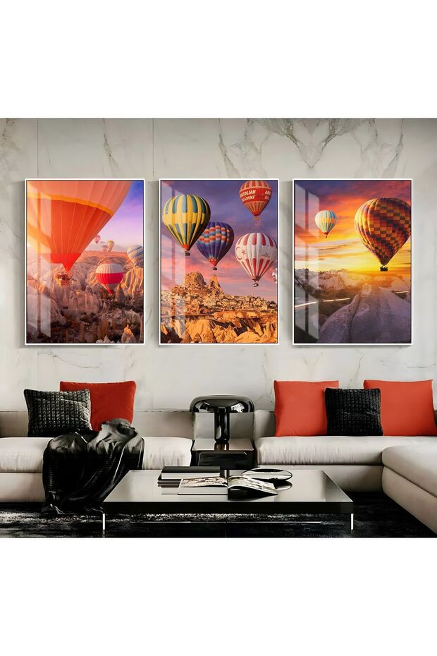 WONDERFUL CAPPADOCIA BALLOONS BUTTERFLY-ABSTRACT FRAMED TEMPERED GLASS TABLE 3-PIECE VERTICAL