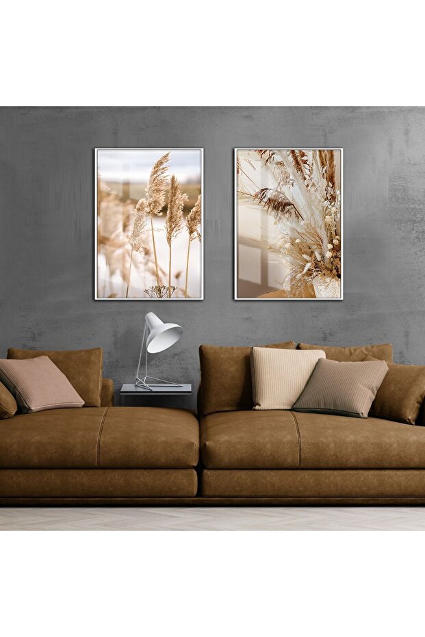 Hari̇kabi̇rev | Soft Flower-Tassel Combination Cream-Brown | Framed Glass Table 2 Pieces Vertical