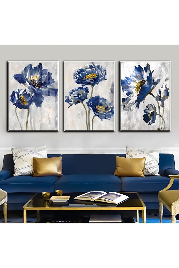 Hari̇kabi̇rev | Dark Blue-Gold Combination Flower Combination 1 | Framed Tempered Glass Table 3 Pieces Vertical