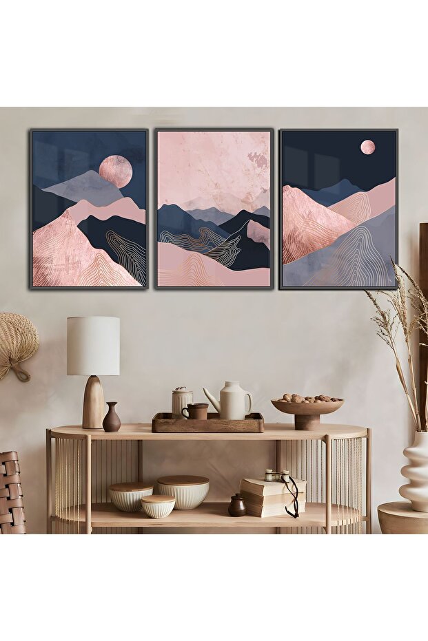 Hari̇kabi̇rev | Pudra-Gray Combination Abstract Combination | Framed Tempered Glass Table 3 Pieces Vertical
