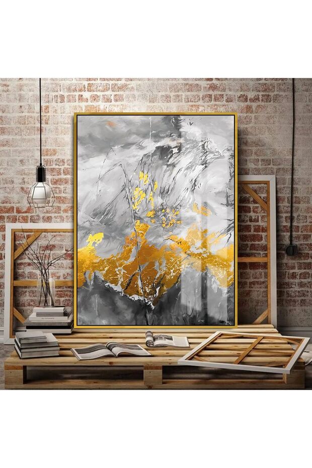 هاريكابيريف | رسم تجريدي باللون الأبيض والرمادي والذهبي 03 | طاولة من الزجاج المقسى بإطار عمودي واحد