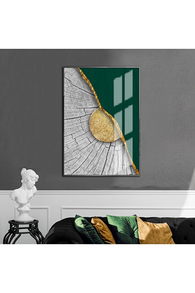 Hari̇kabi̇rev | Gray-Green-Gold Ethnic Abstract Model 3 | Framed Tempered Glass Table Single Vertical