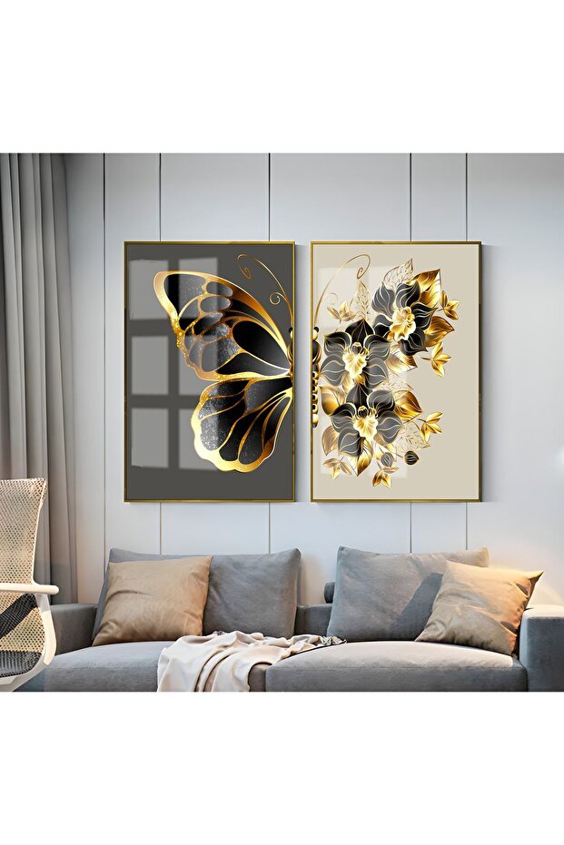 Hari̇kabi̇rev | Gold-Black Flowery Butterfly Combination | Framed Glass Table 2 Pieces Vertical