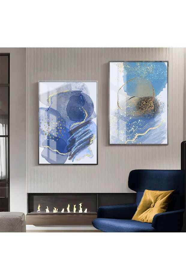 Hari̇kabi̇rev | Dark Blue-Gold Patterned Abstract Combination 002 | Framed Glass Table 2 Pieces Vertical