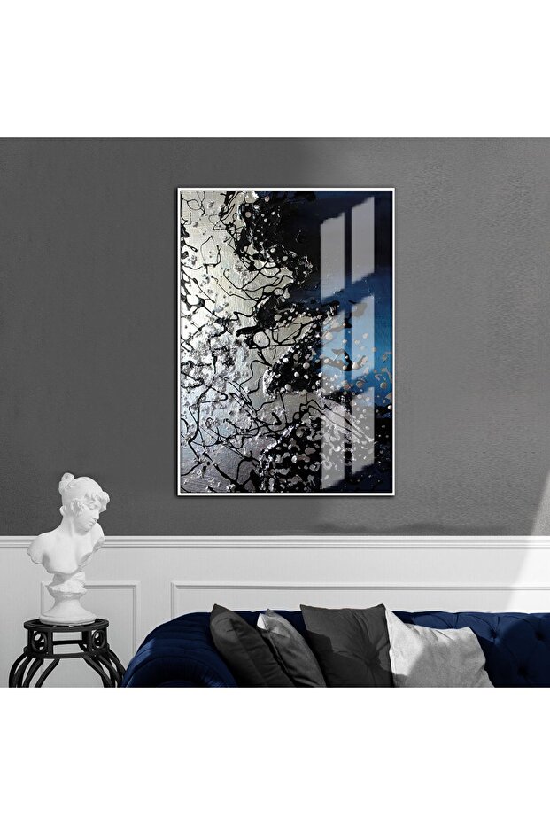 Hari̇kabi̇rev | Blue-Grey-Silver Unembossed Abstract Model 3 | Framed Tempered Glass Table Single Vertical