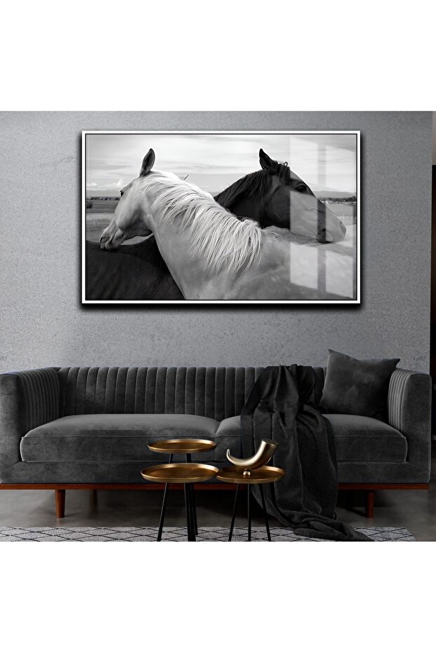 هاريكابيريف | لوحة حصان أبيض وأسود | طاولة زجاجية مؤطرة أفقية واحدة