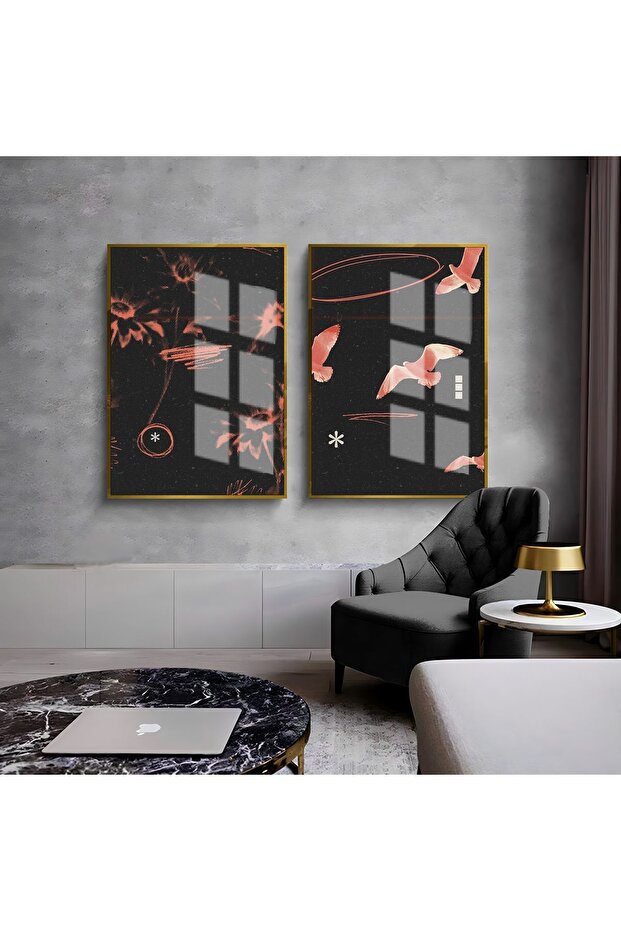 هاريكابيريف | مزيج تجريدي بنمط طائر وردي وأسود 01 | طاولة زجاجية مؤطرة مكونة من قطعتين عموديًا