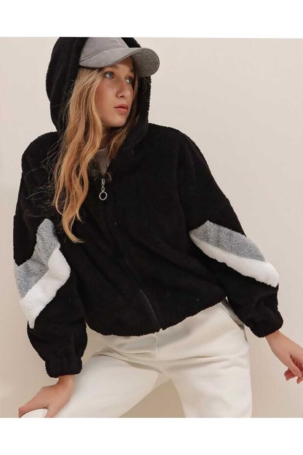 Oversize Zippered Sleeve Detail Hooded Black Coat Women