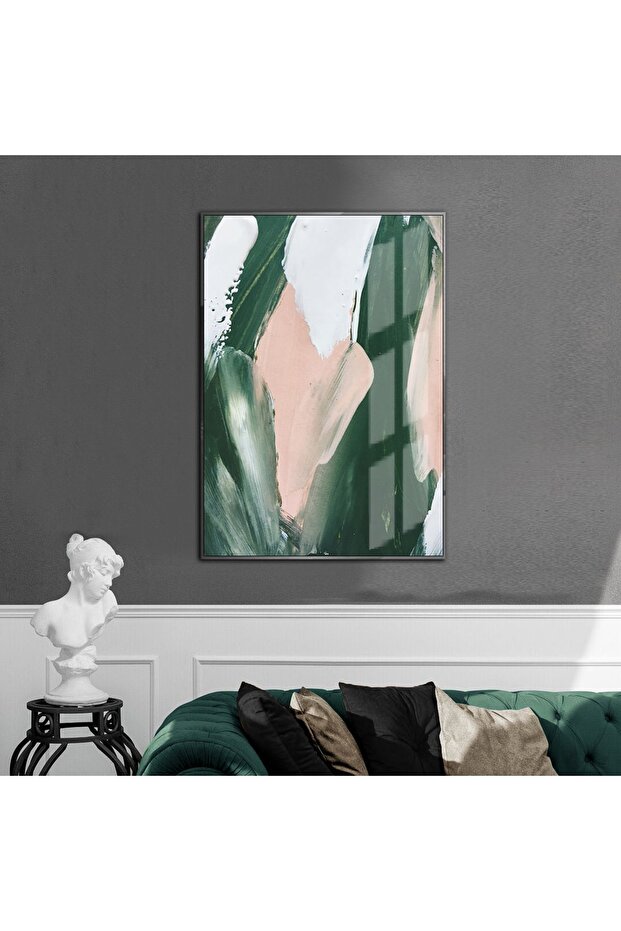 Hari̇kabi̇rev | Emerald Green-White Abstract Patterned Model 1 | Framed Tempered Glass Table Single Vertical