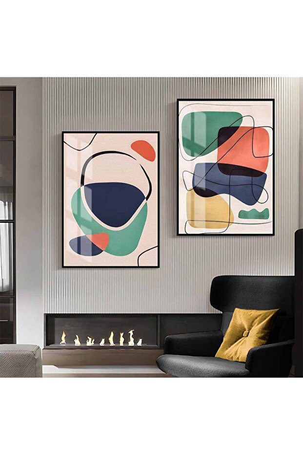 Hari̇kabi̇rev | Blue-Cream-Yellow Patterned Abstract Combination 01 | Framed Glass Table 2 Pieces Vertical