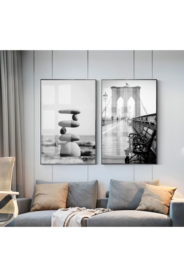 MARVELOUS BLACK AND WHITE STONE & BRIDGE COMBINATION FRAMED GLASS TABLE 2-PIECE VERTICAL
