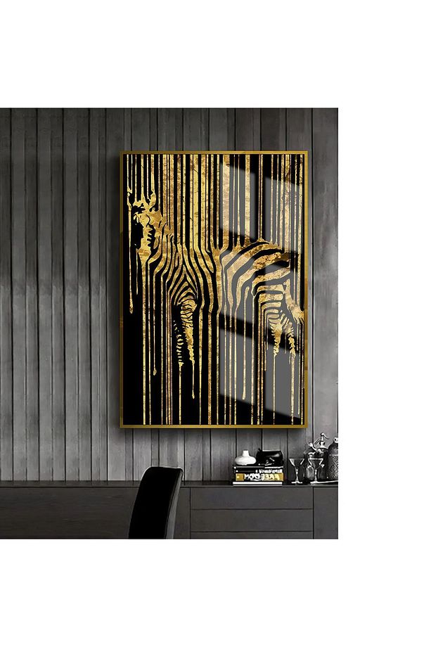 HARİKABİREV|GOLD-SİYAH ZEBRA DESENLİ MODEL 1 |ÇERÇEVELİ TEMPERLİ CAM TABLO TEKLİ DİKEY - 1