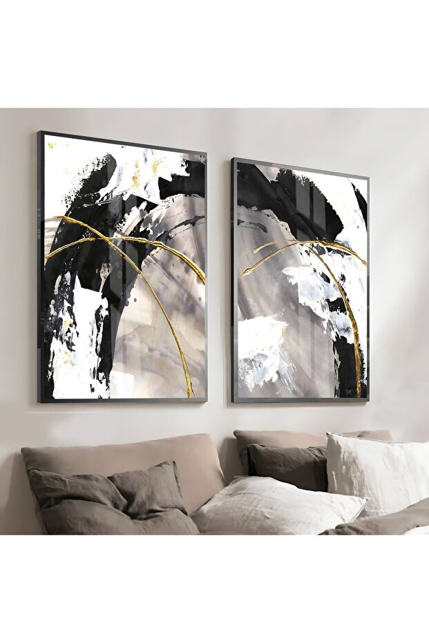 Hari̇kabi̇rev | Black Gold Combination Stylish Abstract Set | Framed Glass Table 2 Pieces Vertical