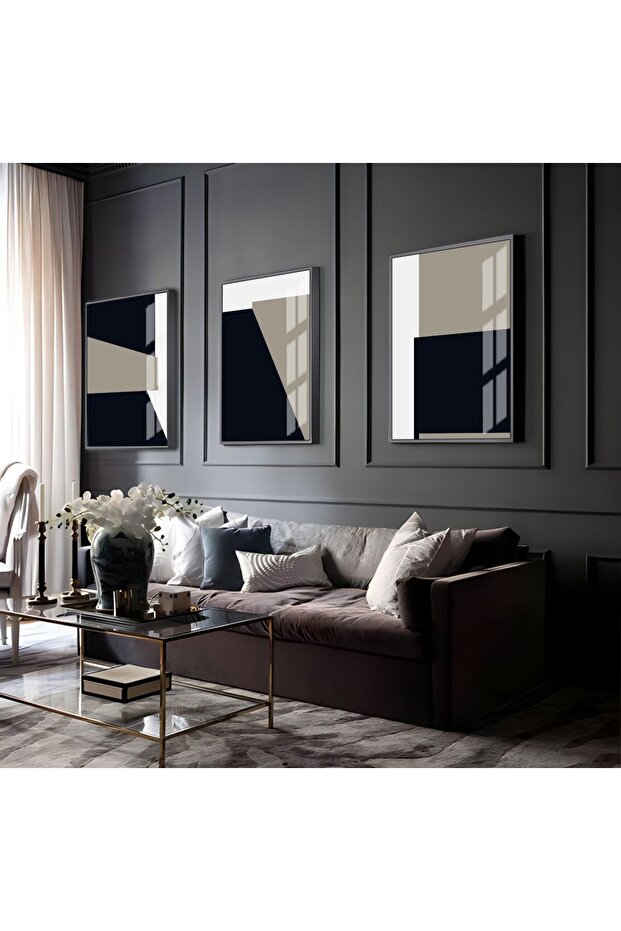 Hari̇kabi̇rev | Black-White Abstract Abstract Combination 07 | Framed Glass Table 3 Pieces Vertical