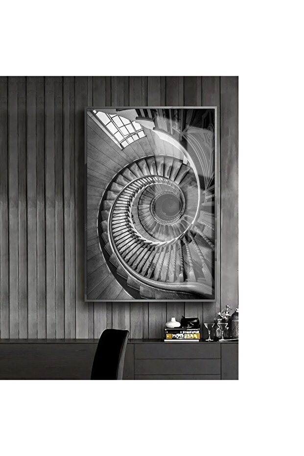 Hari̇kabi̇rev | Black-White Spiral Stair Model 1 | Framed Tempered Glass Table Single Vertical